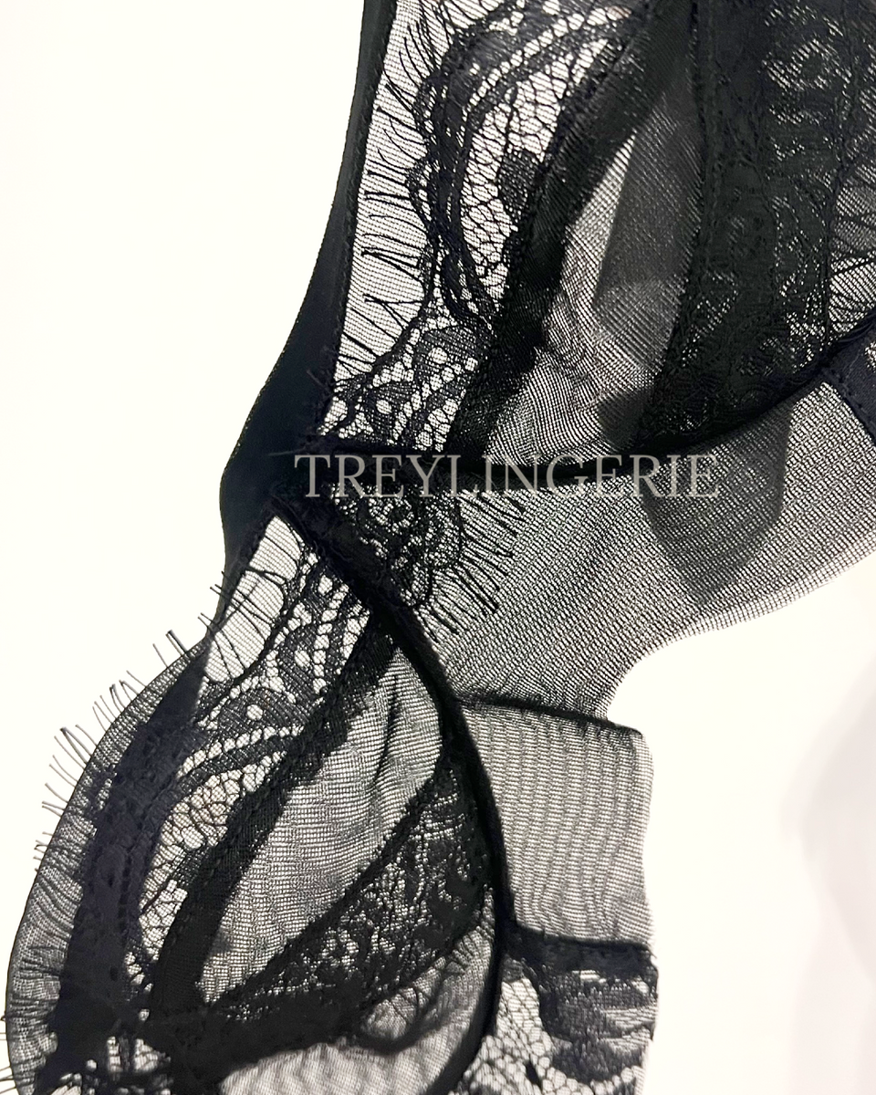 Black sheer silk lace bra hand made in production